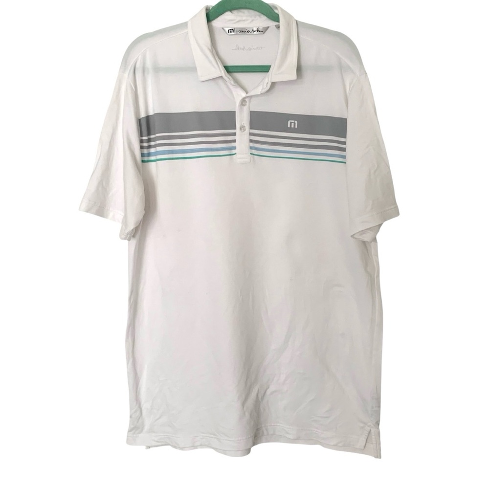 Travis Mathew XL Men's White Golf Polo Shirt with Gray & Blue Stripes